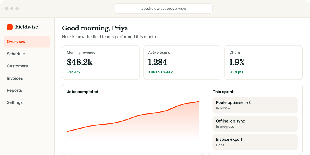 Sample product dashboard with revenue, active teams, churn, a growth chart and a sprint task list